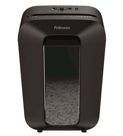 Fellowes Powershred LX70 paper shredder for office use, showing metal blades and compact design in a modern workspace.