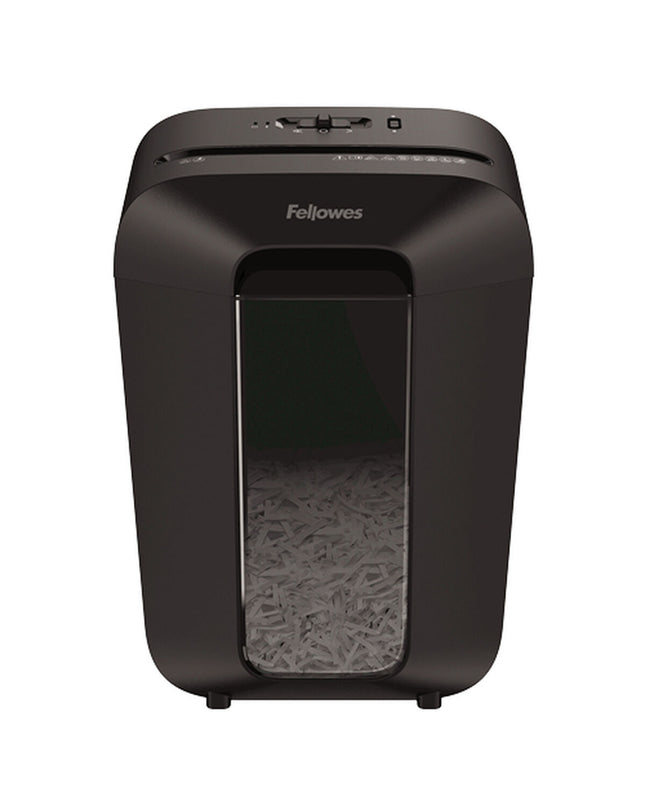 Fellowes Powershred LX70 paper shredder for office use, showing metal blades and compact design in a modern workspace.