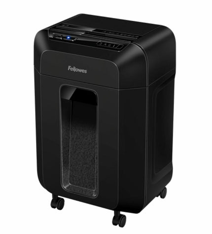 Fellowes Automax 80M paper shredder for office use, compact office electronics with paper cutting blades and control panel.