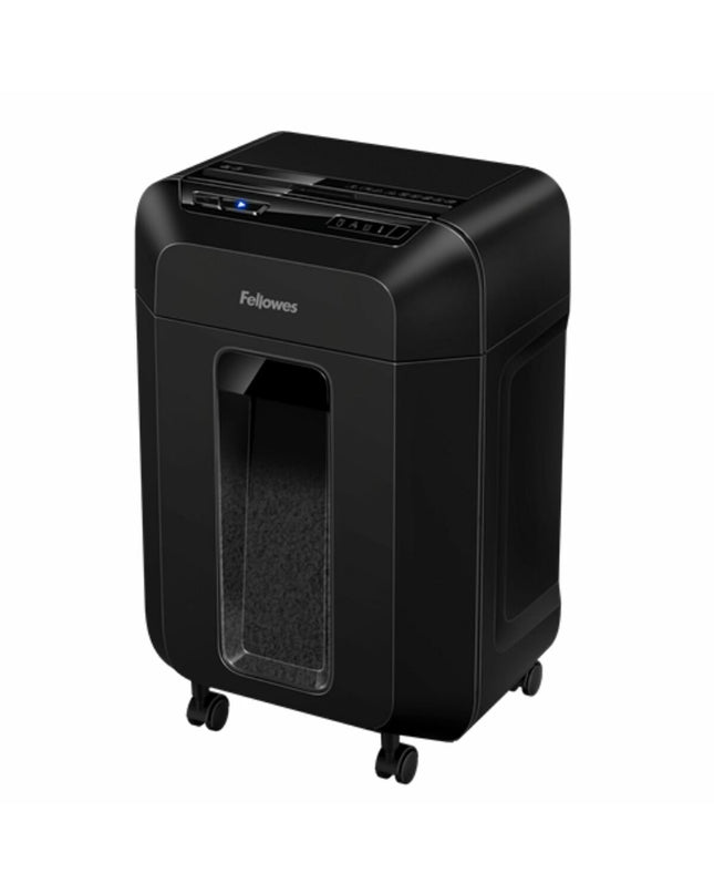 Fellowes Automax 80M paper shredder for office use, compact office electronics with paper cutting blades and control panel.