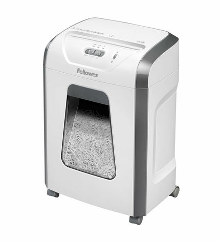 Fellowes paper shredder 19L in black and gray, ideal for office use, with visible shredder blades and control panel.