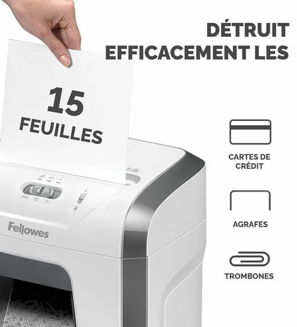 Fellowes Papierversnipperaar 100017466, 19L capacity for office paper shredding, shown on a desk with shredded paper.