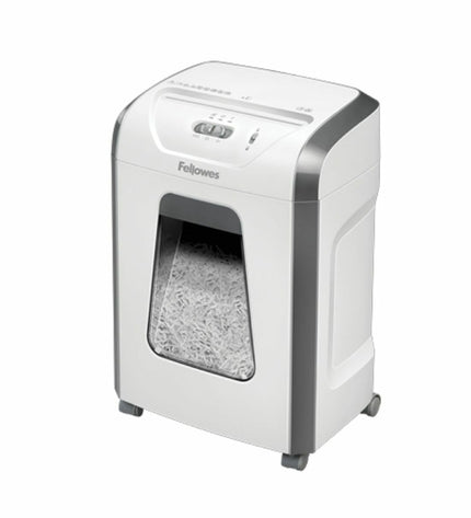 Fellowes paper shredder 19L, office electronics, shown with shredded paper, compact design, ideal for office document security