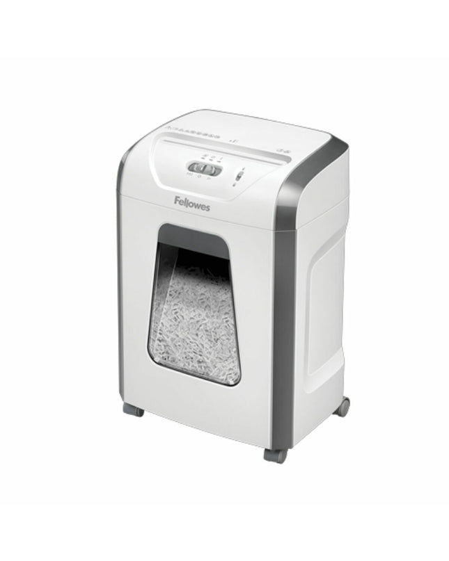 Fellowes paper shredder 19L, office electronics, shown with shredded paper, compact design, ideal for office document security