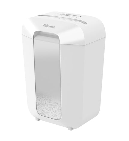Fellowes LX70 paper shredder for office use, compact electronic paper shredder on a desk with paper sheets about to be shredded.