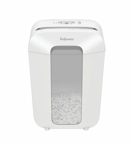 Fellowes LX70 paper shredder for office use, compact electronic paper shredder, black and silver design with control buttons