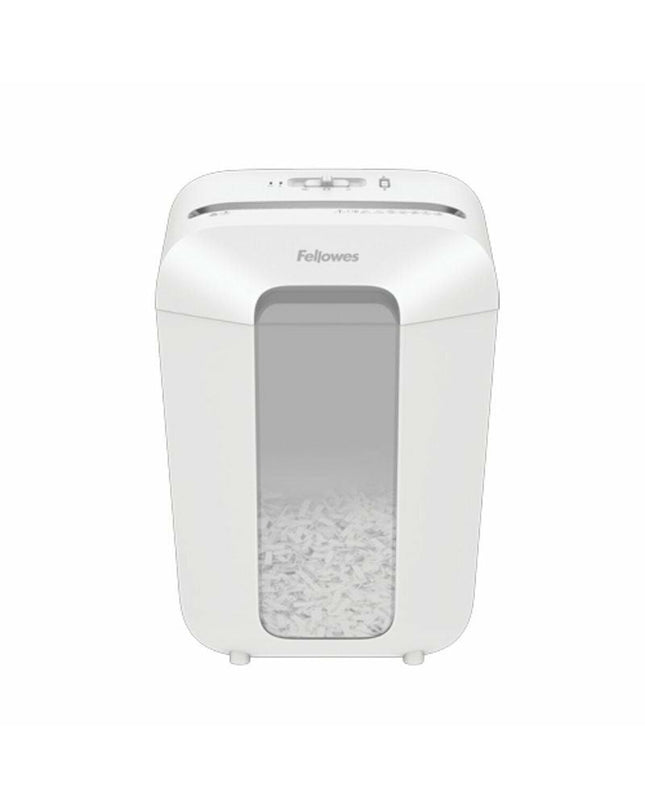 Fellowes LX70 paper shredder for office use, compact electronic paper shredder, black and silver design with control buttons