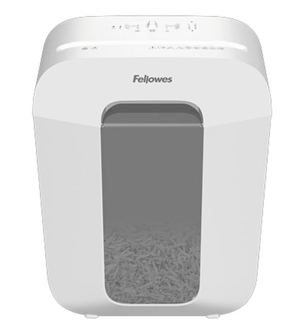 Fellowes 100110064 paper shredder with 17L capacity, office electronics and stationery, showing shredded paper and control panel.