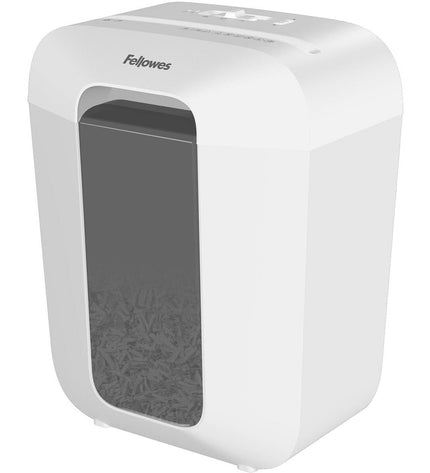 Fellowes Papierversnipperaar 100110064, 17 L capacity, office paper shredder shown with paper and safety features.