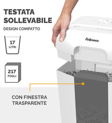 Fellowes Papierversnipperaar 100110064, 17L capacity, office shredder for secure document disposal, shown on a desk.