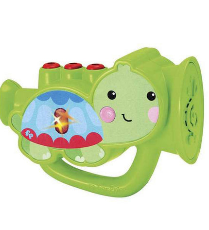 Fisher-Price toy trumpet for children, colorful plastic musical instrument with a mouthpiece and bell, suitable for kids' play and music.