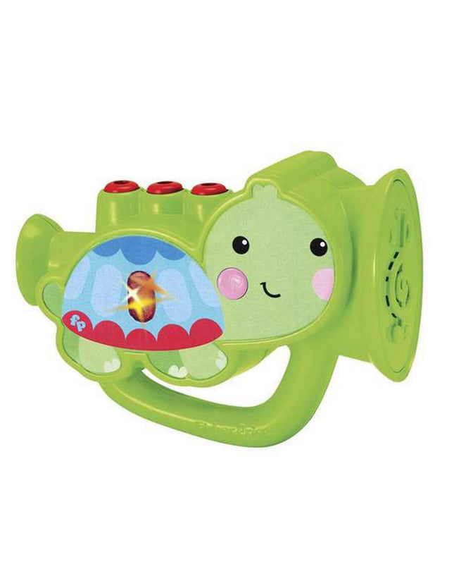 Fisher-Price toy trumpet for children, colorful plastic musical instrument with a mouthpiece and bell, suitable for kids' play and music.