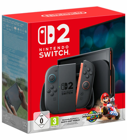Nintendo Switch 2 console in black with Mario Kart World game, plug & play electronic gaming device, Nintendo brand.