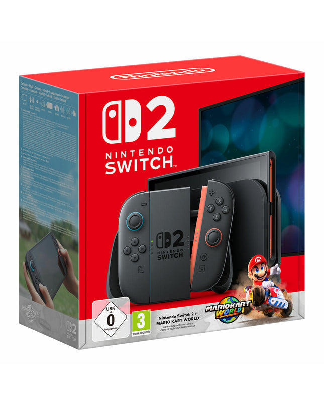 Nintendo Switch 2 console in black with Mario Kart World game, plug & play electronic gaming device, Nintendo brand.