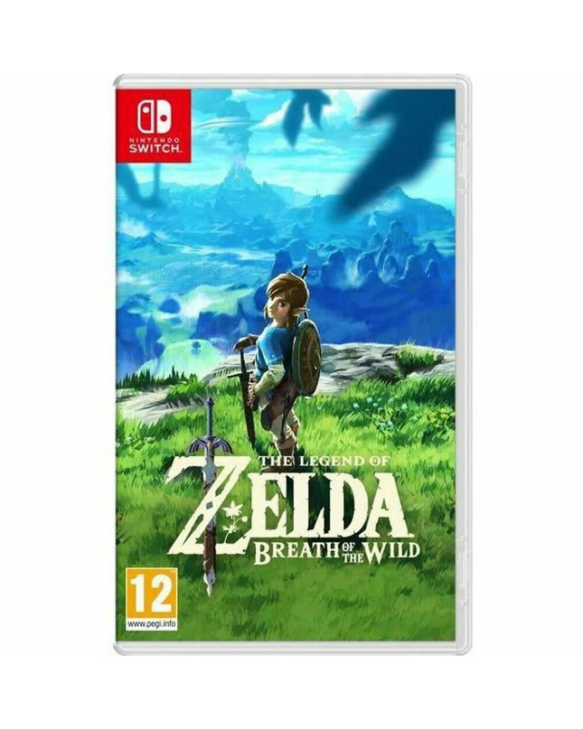 Nintendo The Legend of Zelda: Breath of the Wild Switch video game, electronic plug-and-play console, colorful game cover image.