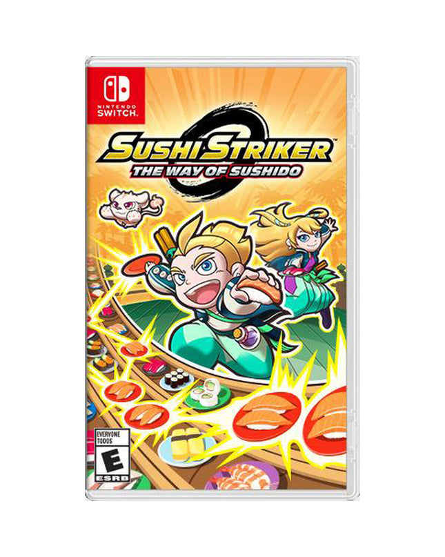 Nintendo Sushi Striker Way of Sushido Switch videogame cartridge for electronic plug-and-play console, featuring colorful sushi-themed artwork.