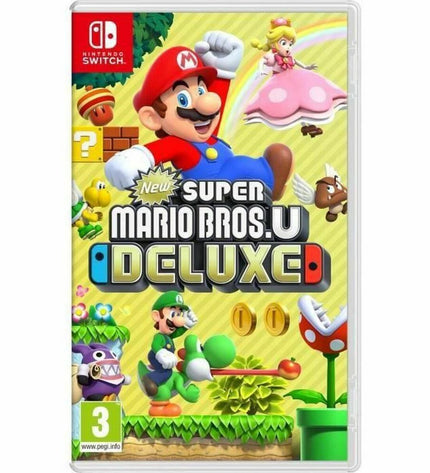 Nintendo New Super Mario Bros U Deluxe Switch video game for electronic plug-and-play console, featuring colorful Mario characters.