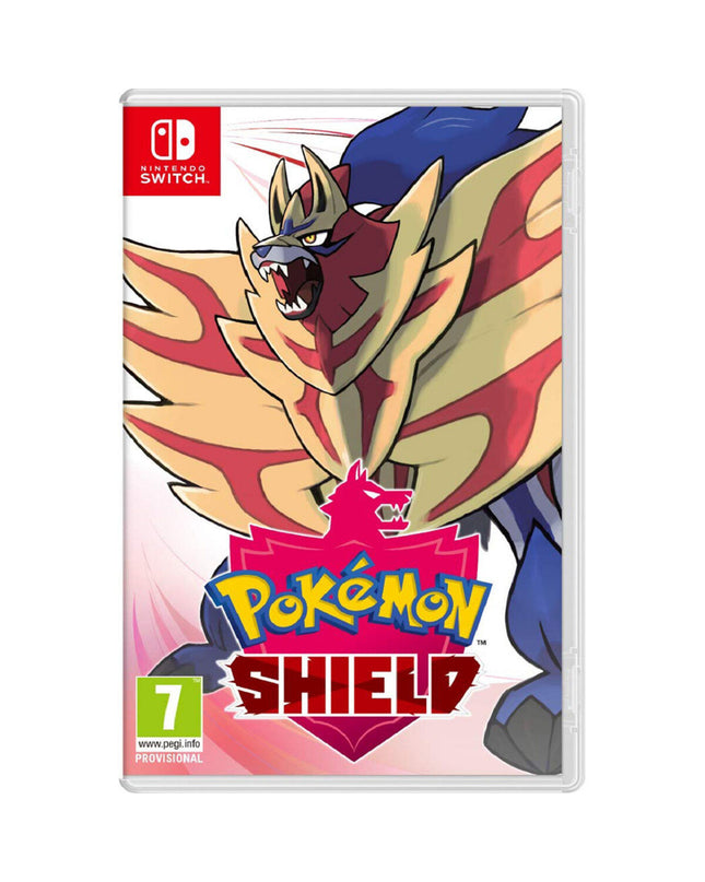 Nintendo Pokémon Shield Switch video game cartridge for electronic Plug & Play console, featuring Pokémon characters on the label.