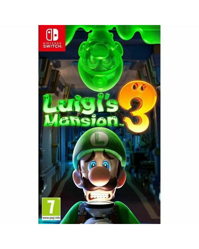 Nintendo Luigi's Mansion 3 Switch video game cartridge for electronic plug-and-play console, featuring Luigi and ghostly mansion imagery.