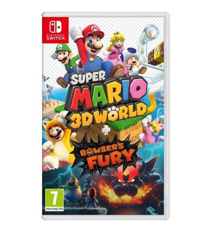 Nintendo Super Mario 3D World + Bowser's Fury Switch video game cartridge showing colorful game cover with Mario characters and Nintendo branding.