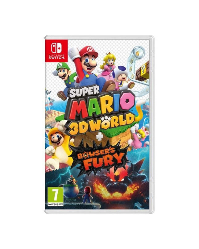 Nintendo Super Mario 3D World + Bowser's Fury Switch video game cartridge showing colorful game cover with Mario characters and Nintendo branding.