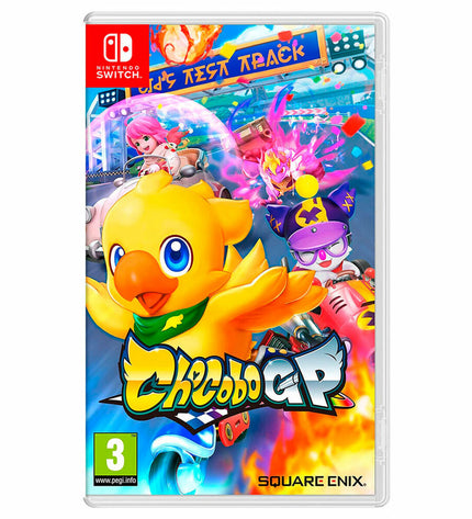Nintendo Chocobo GP Switch videogame cartridge for electronic plug-and-play gaming console, featuring colorful game artwork.