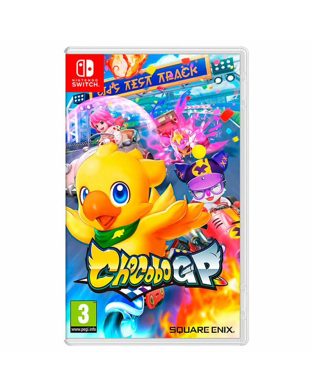 Nintendo Chocobo GP Switch videogame cartridge for electronic plug-and-play gaming console, featuring colorful game artwork.