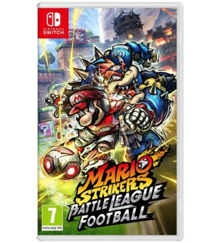 Nintendo Mario Strikers Battle League Switch video game cartridge for plug-and-play electronic game console, featuring character artwork.