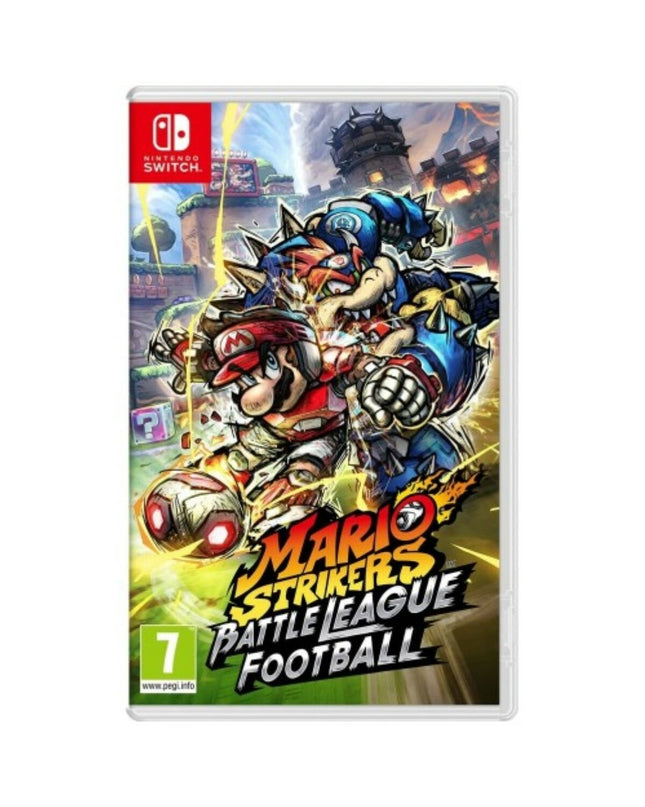 Nintendo Mario Strikers Battle League Switch video game cartridge for plug-and-play electronic game console, featuring character artwork.