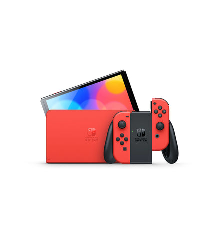Nintendo Switch OLED Mario red electronic plug-and-play game console with vibrant screen and Mario-themed design.
