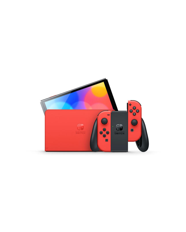 Nintendo Switch OLED Mario red electronic plug-and-play game console with vibrant screen and Mario-themed design.
