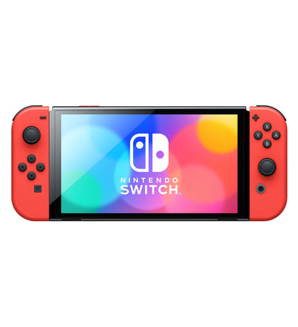 Nintendo Switch OLED console with Mario-themed design, showing the screen and colorful controls in a detailed view.