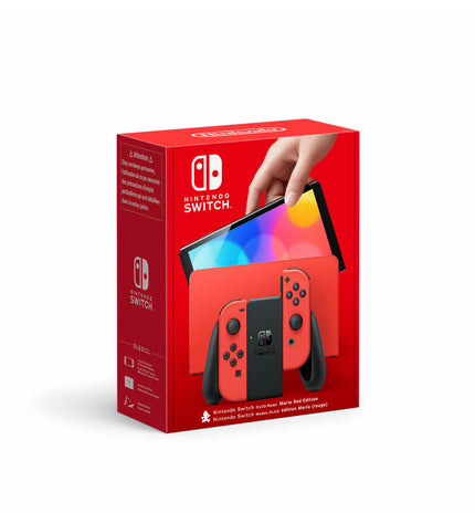 Nintendo Switch OLED Mario edition gaming console with colorful Mario-themed design, electronic plug-and-play game device.