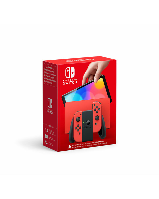 Nintendo Switch OLED Mario edition gaming console with colorful Mario-themed design, electronic plug-and-play game device.