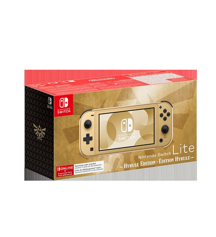 Nintendo Switch Lite Hyrule Edition gaming console in gold with Hyrule-themed design and compact, portable electronic gaming device