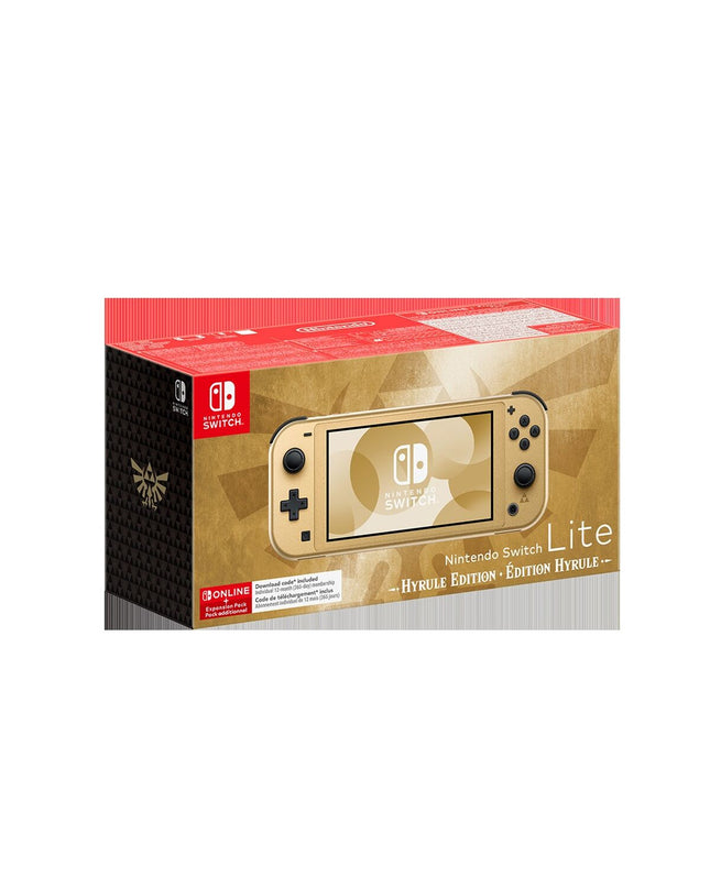 Nintendo Switch Lite Hyrule Edition gaming console in gold with Hyrule-themed design and compact, portable electronic gaming device