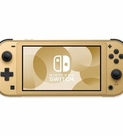 Nintendo Switch Lite Hyrule Edition in gold, featuring a compact Nintendo gaming console with Hyrule-themed design and branding.