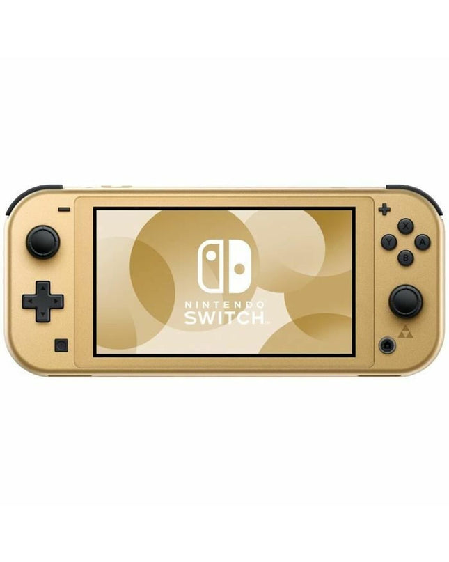 Nintendo Switch Lite Hyrule Edition in gold, featuring a compact Nintendo gaming console with Hyrule-themed design and branding.