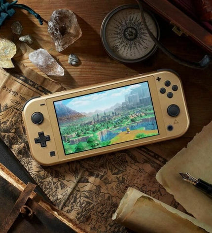 Nintendo Switch Lite Hyrule Edition gaming console in gold, compact electronic plug-and-play device with Hyrule-themed design.