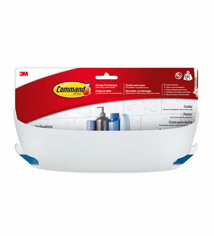 Command plastic bathroom shelf in white, 29x10.5x12.5 cm, mounted in a bathroom setting for organization and storage.