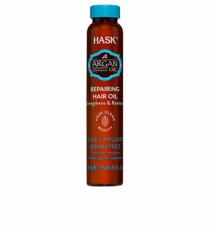 HASK Argan Oil voedingssupplement in 18 ml bottle, health and personal care product with natural golden oil appearance.