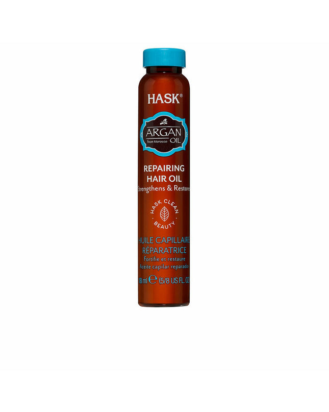 HASK Argan Oil voedingssupplement in 18 ml bottle, health and personal care product with natural golden oil appearance.