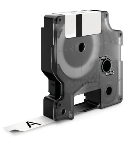 Dymo gelamineerd tape 18445 for office labeling, showing the roll with clear plastic housing and printed label on the tape.