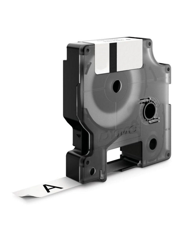 Dymo gelamineerd tape 18445 for office labeling, showing the roll with clear plastic housing and printed label on the tape.