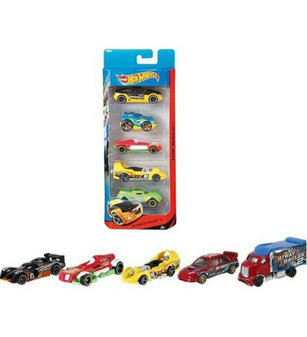 Set of five Hot Wheels toy cars, colorful miniature vehicles from the Hot Wheels brand, displayed on a white background.
