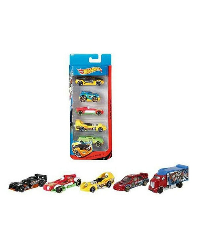 Set of five Hot Wheels toy cars, colorful miniature vehicles from the Hot Wheels brand, displayed on a white background.