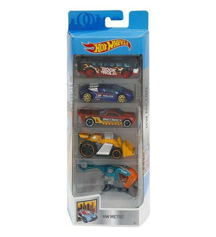 Set van 5 Hot Wheels speelgoed auto's, kleurrijke kleine voertuigen voor kinderen, van het merk Hot Wheels, op een witte achtergrond
