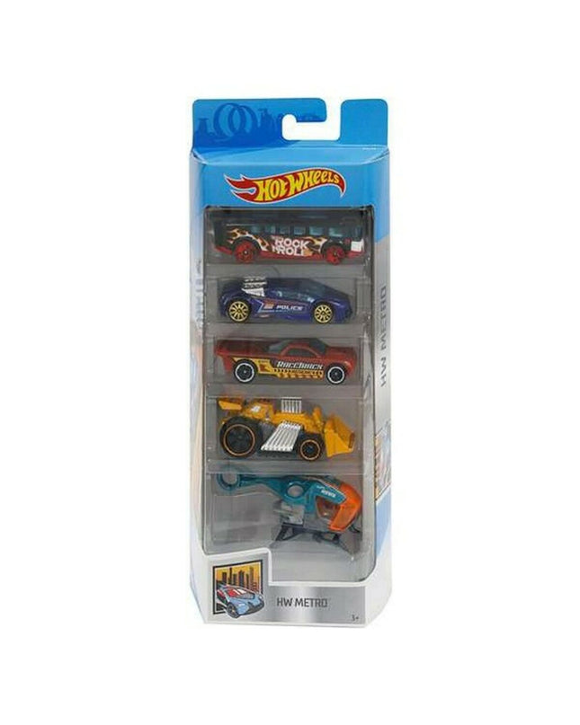 Set van 5 Hot Wheels speelgoed auto's, kleurrijke kleine voertuigen voor kinderen, van het merk Hot Wheels, op een witte achtergrond