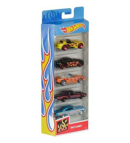 Set of five Hot Wheels toy cars in various colors and styles, arranged on a plain background.