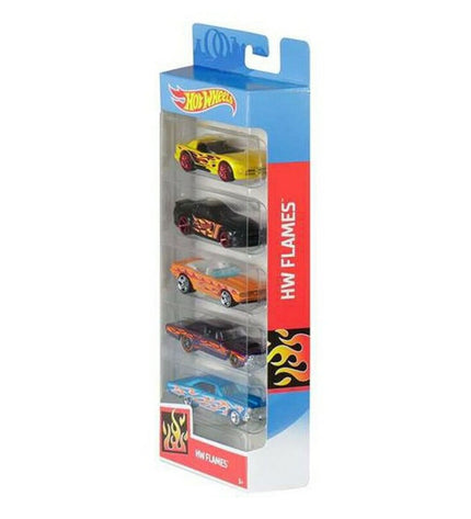 Set of five Hot Wheels toy cars, colorful miniature vehicles from the Hot Wheels brand, perfect for kids' play and collection.